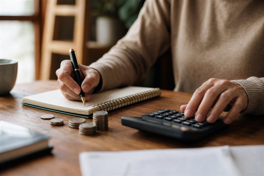 Caderno e calculadora sobre mesa de trabalho de microempreendedor